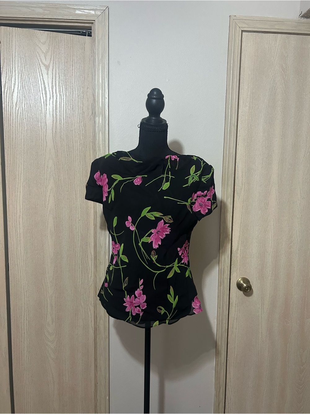 Talbots Black Short-Sleeve Floral Blouse with Pink & Green Print